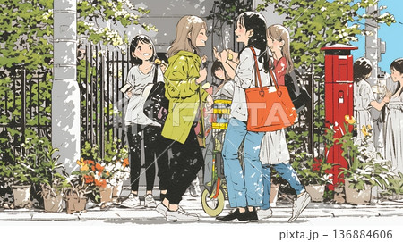 道端で会話を楽しむ若い主婦たち（ママ友たち）