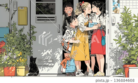 道端で会話を楽しむ若い主婦たち（ママ友たち）