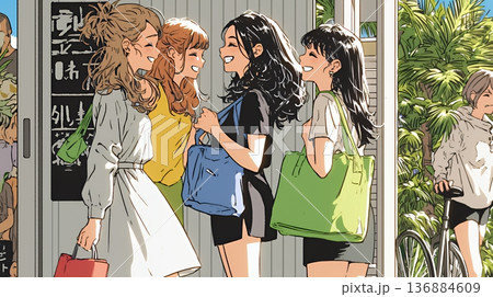 道端で会話を楽しむ若い主婦たち（ママ友たち）