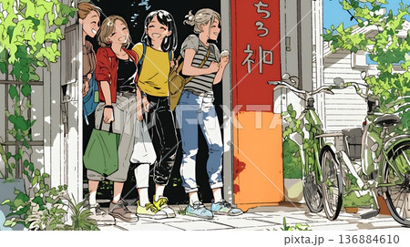 道端で会話を楽しむ若い主婦たち（ママ友たち）