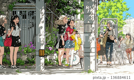 道端で会話を楽しむ若い主婦たち（ママ友たち）