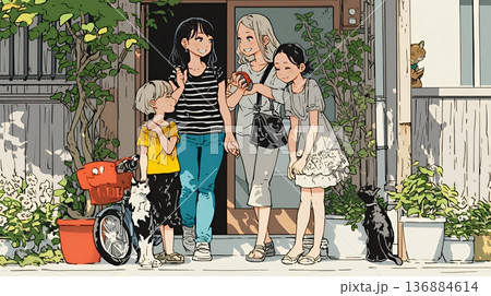 道端で会話を楽しむ若い主婦たち（ママ友たち）