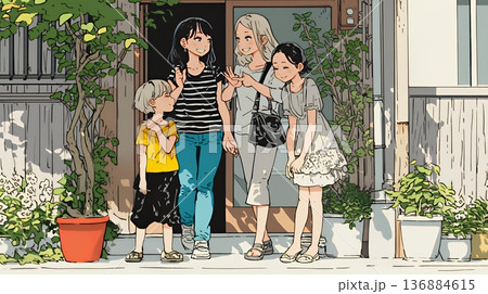 道端で会話を楽しむ若い主婦たち（ママ友たち）