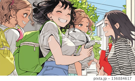 道端で会話を楽しむ若い主婦たち（ママ友たち）