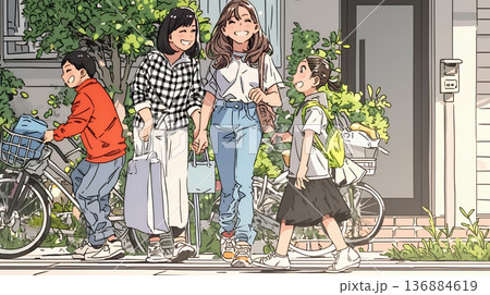 道端で会話を楽しむ若い主婦たち（ママ友たち）