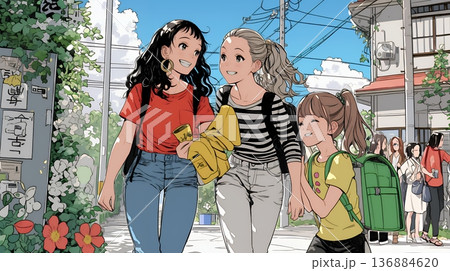 道端で会話を楽しむ若い主婦たち（ママ友たち）