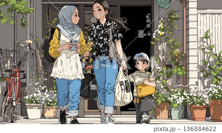 道端で会話を楽しむ若い主婦たち（ママ友たち）