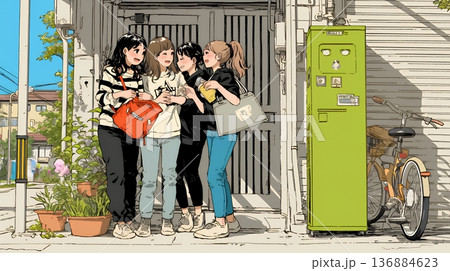 道端で会話を楽しむ若い主婦たち（ママ友たち）