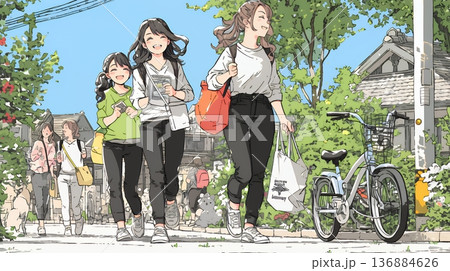 道端で会話を楽しむ若い主婦たち（ママ友たち）