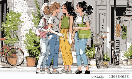 道端で会話を楽しむ若い主婦たち（ママ友たち）