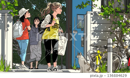 道端で会話を楽しむ若い主婦たち（ママ友たち）