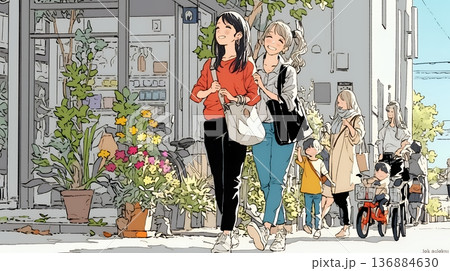 道端で会話を楽しむ若い主婦たち（ママ友たち）