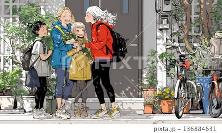 道端で会話を楽しむ若い主婦たち（ママ友たち）