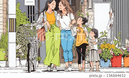 道端で会話を楽しむ若い主婦たち（ママ友たち）