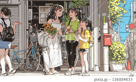 道端で会話を楽しむ若い主婦たち（ママ友たち）