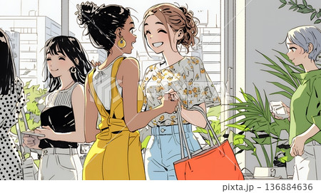 道端で会話を楽しむ若い主婦たち（ママ友たち）