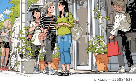 道端で会話を楽しむ若い主婦たち（ママ友たち）