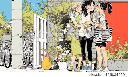 道端で会話を楽しむ若い主婦たち（ママ友たち）