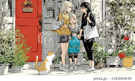 道端で会話を楽しむ若い主婦たち（ママ友たち）