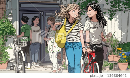 道端で会話を楽しむ若い主婦たち（ママ友たち）