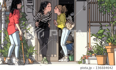 道端で会話を楽しむ若い主婦たち（ママ友たち）