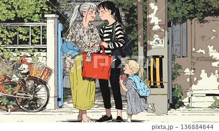 道端で会話を楽しむ若い主婦たち（ママ友たち）