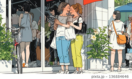 道端で会話を楽しむ若い主婦たち（ママ友たち）