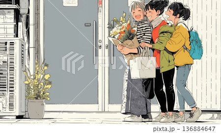 道端で会話を楽しむ若い主婦たち（ママ友たち）