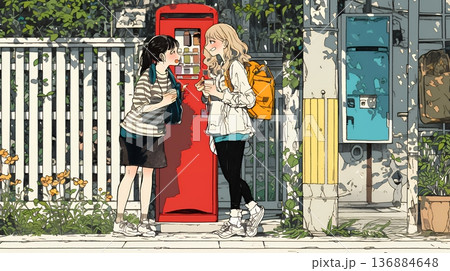 道端で会話を楽しむ若い主婦たち（ママ友たち）