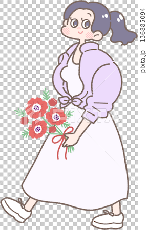 Illustration of a smiling girl holding a bouquet of anemones Illustration of a smiling girl holding a bouquet of anemones 136885094