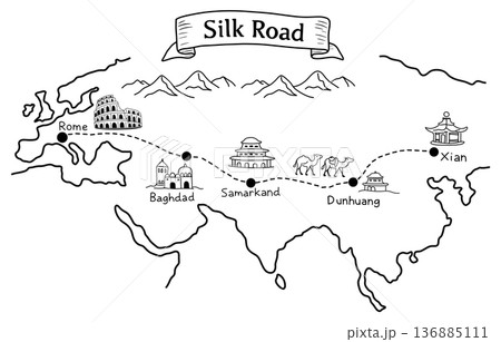 Silk Road map illustration showing ancient trade route between Rome and Xian, historical black and white line art with landmark icons of Baghdad, Samarkand and Dunhuang 136885111