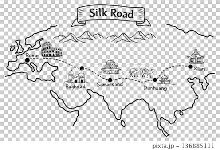 Silk Road map illustration showing ancient trade route between Rome and Xian, historical black and white line art with landmark icons of Baghdad, Samarkand and Dunhuang Silk Road map illustration showing ancient trade route between Rome and Xian, historical black and white line art with landmark icons of Baghdad, Samarkand and Dunhuang 136885111
