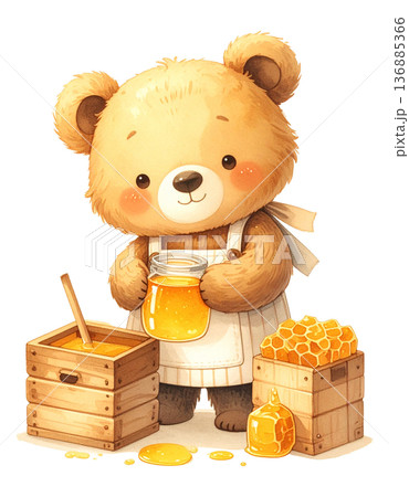ハチミツを採取するかわいい熊の養蜂家 水彩イラスト 白背景 切り抜き2／チラシやポスター用素材 136885366