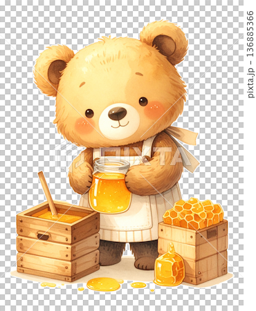 Cute bear beekeeper collecting honey, watercolor illustration, white background, cutout 2 / material for flyers and posters 136885366