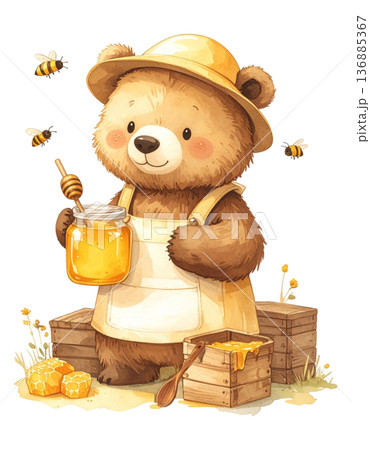ハチミツを採取するかわいい熊の養蜂家 水彩イラスト 白背景 切り抜き3／チラシやポスター用素材 136885367