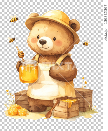 ハチミツを採取するかわいい熊の養蜂家 水彩イラスト 白背景 切り抜き3／チラシやポスター用素材 136885367