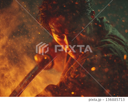 日本の侍のクローズアップ：抜刀する武士の迫力ある表情 136885713