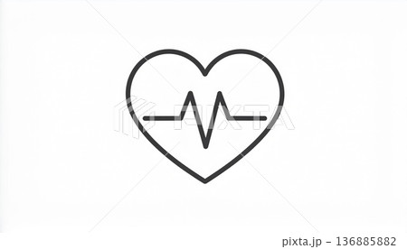 ハートと心拍波形のシンプルなモノラインアイコン。医療、ヘルスケア、健康管理のWebデザイン用線画。 136885882
