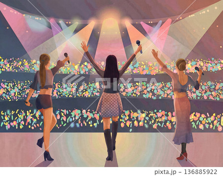 ガールズアイドルグループのライブパフォーマンスと光り輝くファンライト 136885922