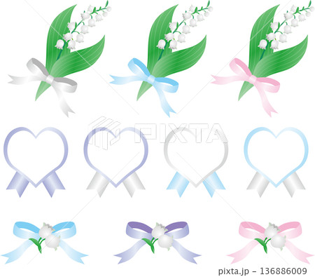 スズラン（鈴蘭）の装飾デザイン素材セット。ブーケ、ハートフレーム、パステルリボンのイラスト集 136886009