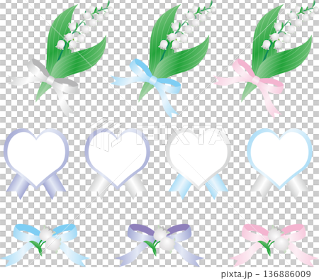 スズラン（鈴蘭）の装飾デザイン素材セット。ブーケ、ハートフレーム、パステルリボンのイラスト集 136886009