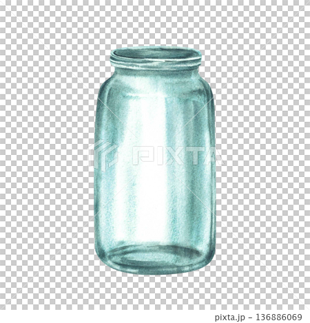 Glass jars, empty bottle or vase. Watercolor vintage hand painted old glassware, kitchen containers for storage or preservation. Illustration isolated from background for farm vegetables, fruit food. 136886069