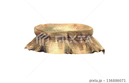 Canvas burlap fabric lid tied with rope around. Watercolor vintage fabric lid for glass preserving jars. Hand drawn illustration isolated from background for homemade food preparations, farm products. Canvas burlap fabric lid tied with rope around. Watercolor vintage fabric lid for glass preserving jars. Hand drawn illustration isolated from background for homemade food preparations, farm products. 136886071