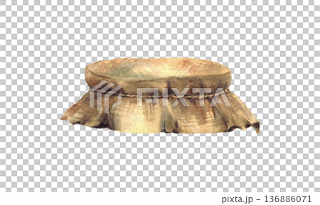 Canvas burlap fabric lid tied with rope around. Watercolor vintage fabric lid for glass preserving jars. Hand drawn illustration isolated from background for homemade food preparations, farm products. 136886071
