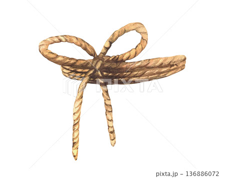 Jute string, rope bow. Natural twine ribbon. Watercolor hand drawn vintage style illustration. Eco nature brown bow, knot for tie for bottle, vase, jar, or something round. Isolated from background 136886072