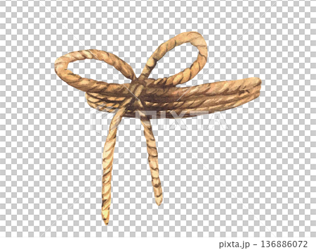 Jute string, rope bow. Natural twine ribbon. Watercolor hand drawn vintage style illustration. Eco nature brown bow, knot for tie for bottle, vase, jar, or something round. Isolated from background Jute string, rope bow. Natural twine ribbon. Watercolor hand drawn vintage style illustration. Eco nature brown bow, knot for tie for bottle, vase, jar, or something round. Isolated from background 136886072