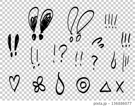 手書きの感嘆符と記号のあしらいセット　白黒 136886077