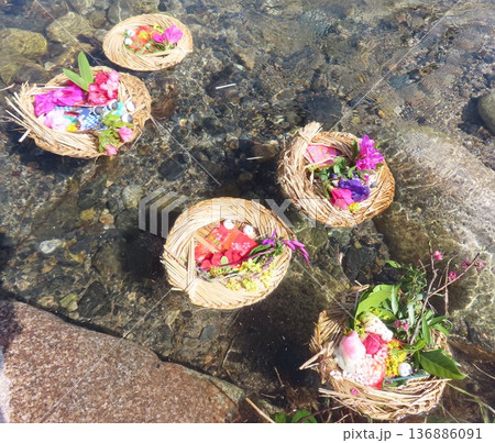 子供達の手から放たれて川を漂う流しびな 136886091