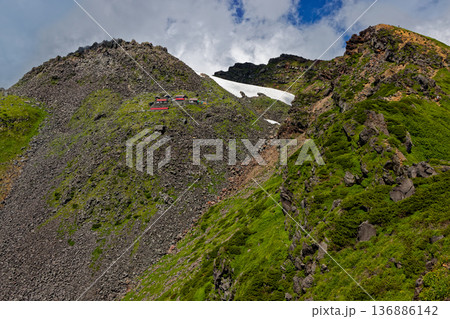 鳥海山・外輪山から見る新山山頂と大物忌神社 鳥海山・外輪山から見る新山山頂と大物忌神社 136886142