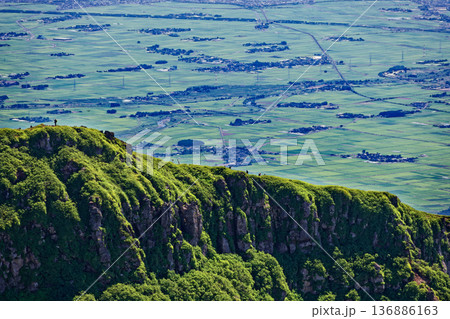 鳥海山・新山山頂から見る外輪山稜線を行く登山者と庄内平野 鳥海山・新山山頂から見る外輪山稜線を行く登山者と庄内平野 136886163